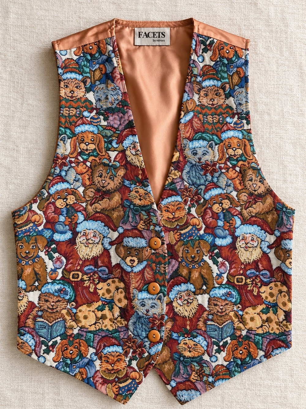 Vintage 90s Facets by Mirrors Christmas Tapestry Vest Teddy Bears Cats Dogs